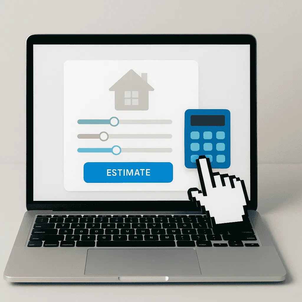 AI property valuation tool showing a one-click Estimate button with property input sliders and a calculator on a laptop screen