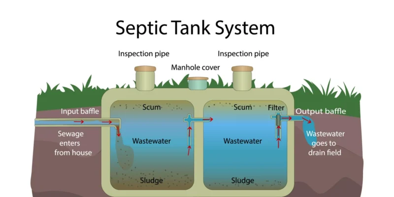 Illustration showing how baffle walls regulate wastewater flow, separate solids, and allow treated effluent to exit a septic tank.