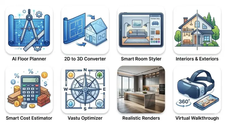Zlendo Realty AI software product features including AI Floor Planner, 2D to 3D Converter, Smart Room Styler, Interiors and Exteriors, Smart Cost Estimator, Vastu Optimizer, Realistic Renders, and Virtual Walkthrough