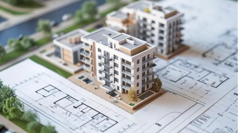 Zlendo Realty civil plan creation showing a detailed architectural scale model of residential buildings placed over blueprint drawings