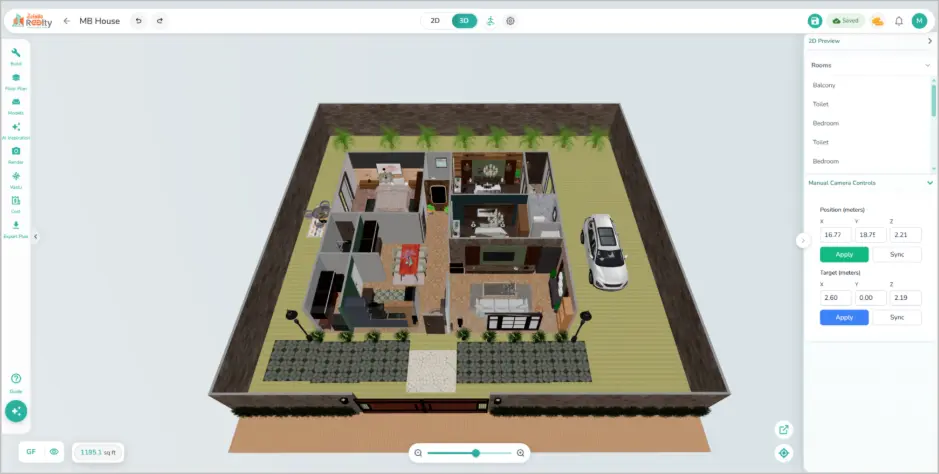 Zlendo Realty AI Software showing 3D floor plan visualization of a residential house with room layout and camera controls