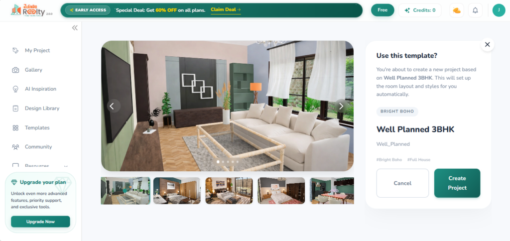 Zlendo Realty platform dashboard showing flat 60% OFF early access deal with Well Planned 3BHK interior design template