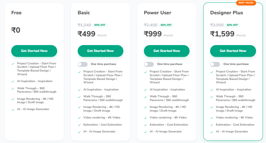 Zlendo Realty flat 60% OFF pricing plans – Free, Basic ₹499, Power User ₹999, Designer Plus ₹1599 per month