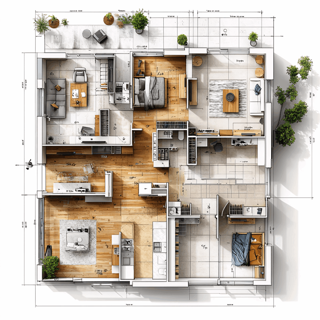 3D rendered floor plan with furniture layout showing bedroom, living room, kitchen, and office spaces