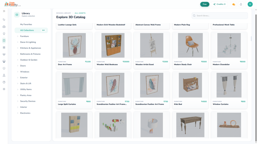 Zlendo Realty 3D interior design library catalog showing furniture collection including sofas, chairs, bookcases, and decor items