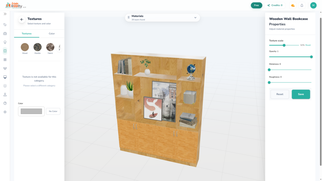 Zlendo Realty 3D wooden wall bookcase with texture and material customization panel