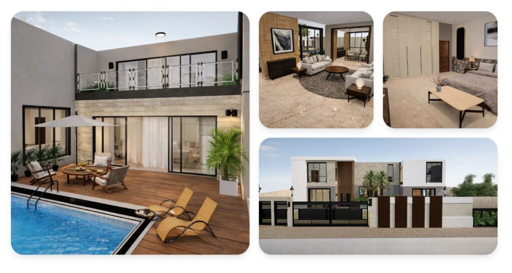 Zlendo Realty 3D interior design visualization showing pool area, living room, bedroom, and modern home exterior