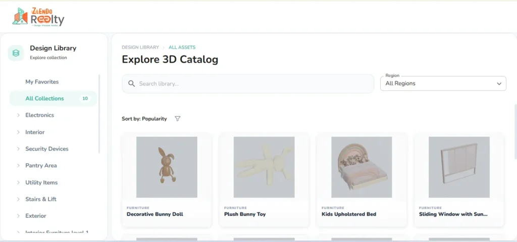 Extensive 3D design library in Zlendo Realty CAD software for house plans