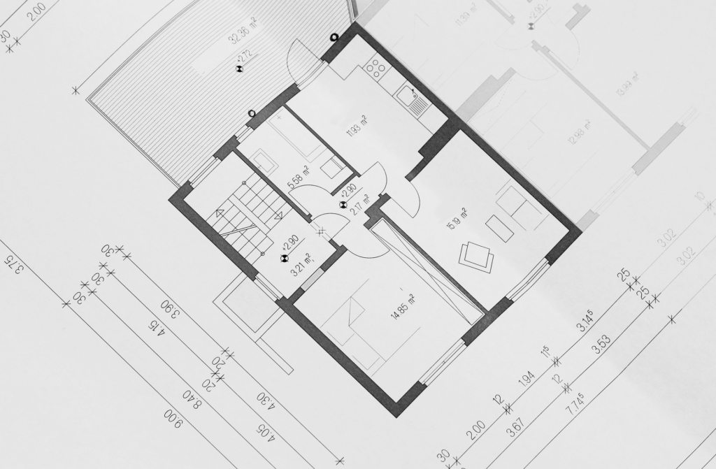 2D architectural floor plan blueprint with room dimensions and measurements