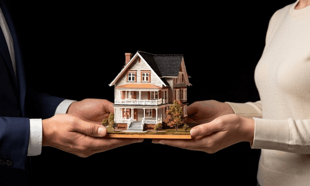 Real estate agent and buyer holding a miniature house model representing property sale and home buying