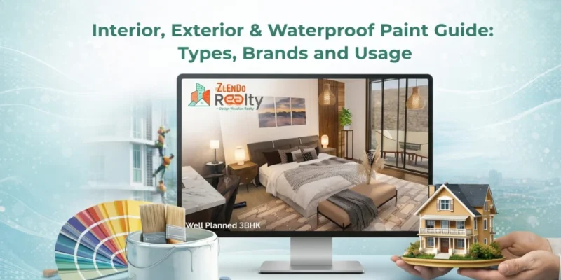 Interior, Exterior and Waterproof Paint Guide showing a Zlendo Realty AI platform displaying a modern 3BHK bedroom interior design on a monitor, surrounded by paint brushes, a paint can, color swatches, and a miniature house model
