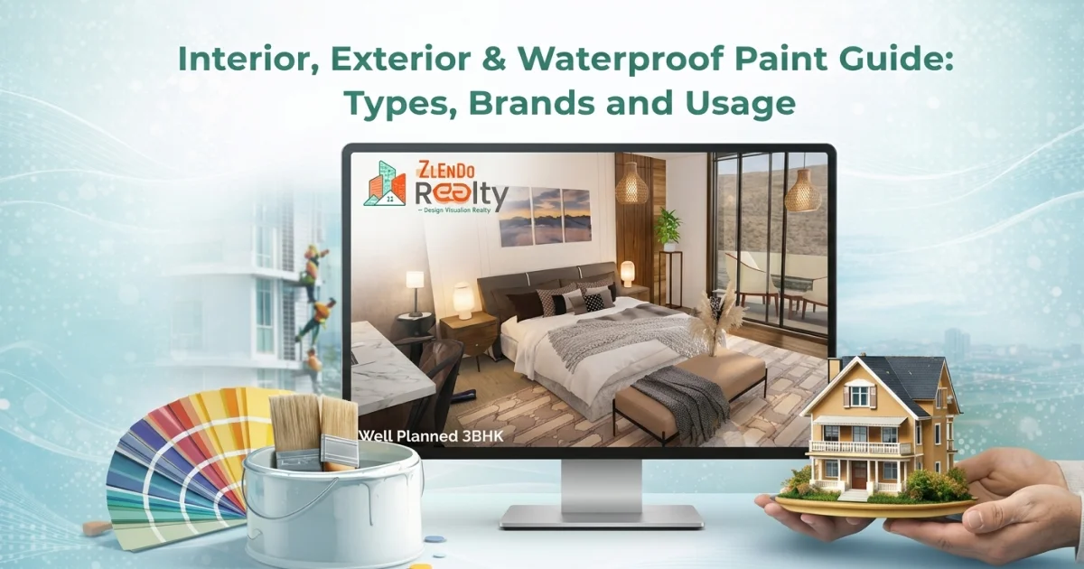 Interior, Exterior and Waterproof Paint Guide showing a Zlendo Realty AI platform displaying a modern 3BHK bedroom interior design on a monitor, surrounded by paint brushes, a paint can, color swatches, and a miniature house model