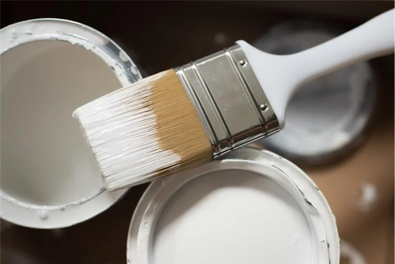 Interior wall painting with a brush dipped in white paint bucket
