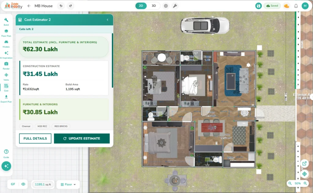 Zlendo Realty AI paint cost estimator dashboard showing project details and estimation panel