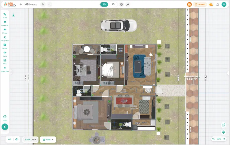 Zlendo Realty Editor 2.3.0 2D floor plan view of MB House showing room layout, dimensions, and 1195 sq ft site area
