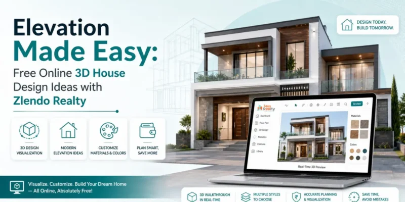 3D house elevation design ideas with modern villa and real-time material customization on Zlendo Realty platform