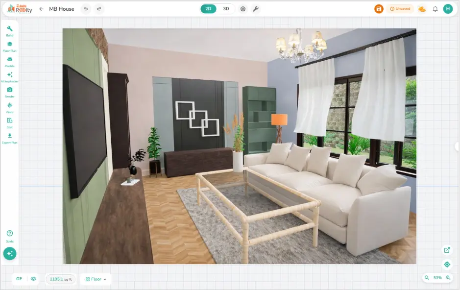 Zlendo Realty Editor 2.3.0 3D interior render of a modern living room with sofa, TV unit, chandelier, herringbone wood flooring, and garden view