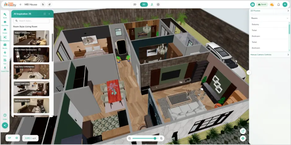 Zlendo Realty Editor 2.3.0 3D view of MB House with AI Inspiration panel open showing living room style options like Walnut Calm Living, Modern Glam Contemporary, and Soft Modern Haven