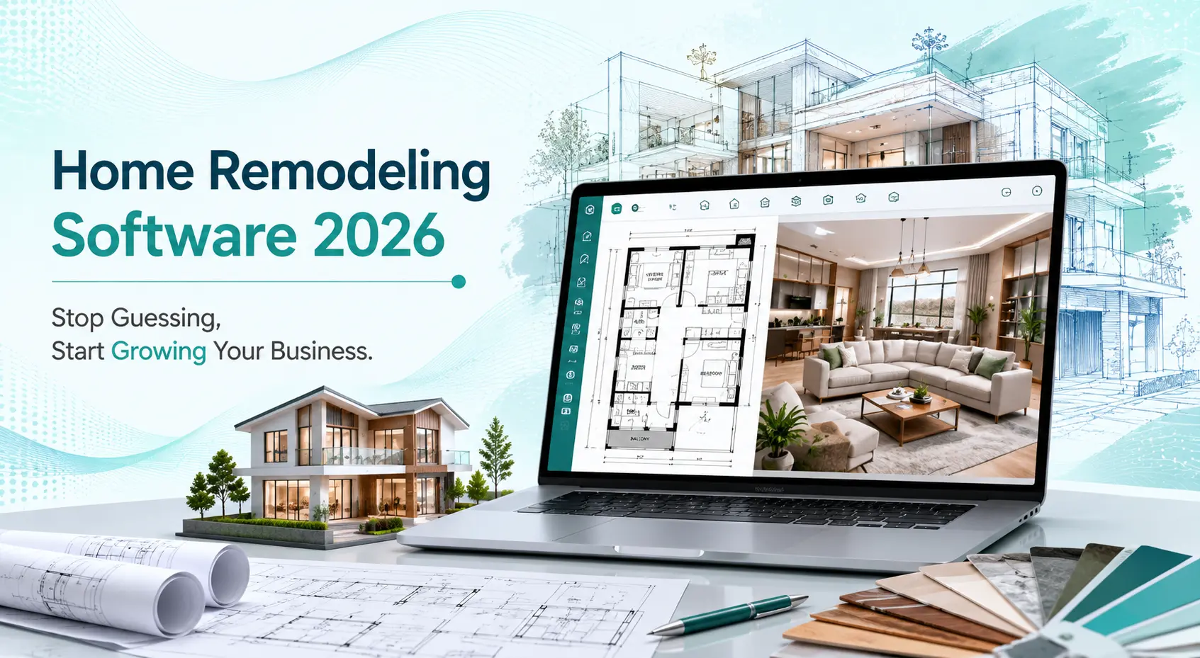 Home remodeling software 2026 showing 2D floor plan and 3D living room design on laptop
