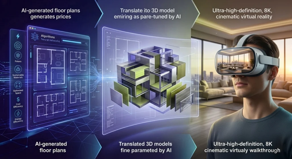 AI generated floor plan translated to 3D model with 8K cinematic virtual walkthrough using home remodeling software 2026