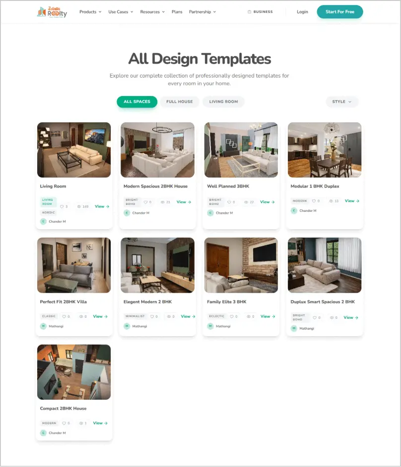 All pre-built home design templates gallery including 2BHK, 3BHK, and duplex layouts on Zlendo Realty