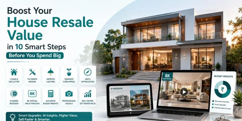 A feature infographic showing how to boost house resale value in 10 smart steps including clean & declutter, fix minor repairs, improve lighting, enhance curb appeal, Vastu optimization, AI-based redesign, 8K virtual walkthrough, accurate budget insights, professional visuals, and sell faster — displayed alongside a modern luxury home exterior, AI redesign tablet, 8K walkthrough laptop, and budget insights chart by Zlendo Realty