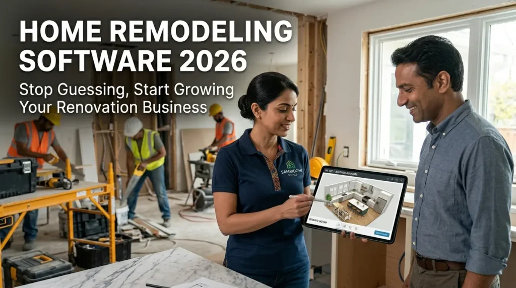 Contractor showing 3D kitchen design on tablet to client using home remodeling software 2026