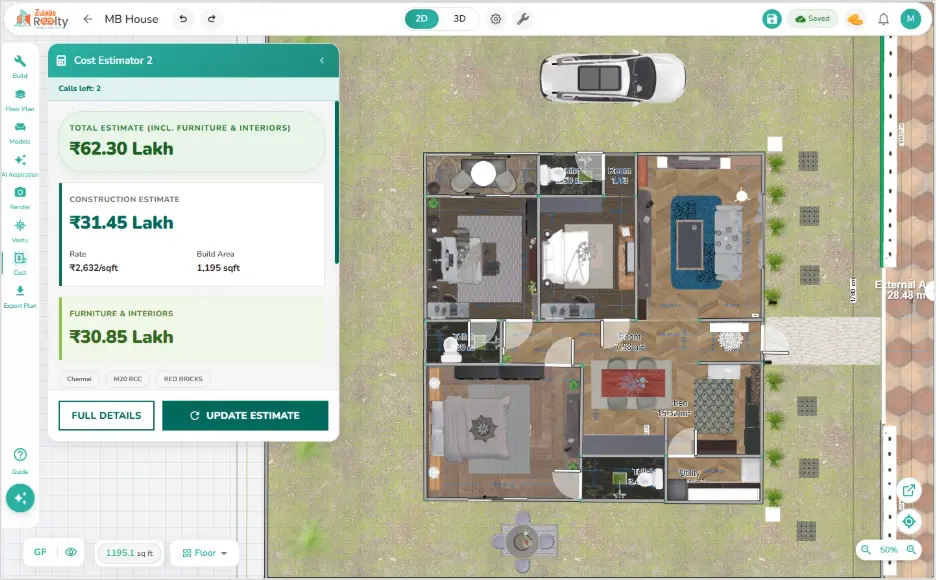Zlendo Realty Editor 2.3.0 cost estimator showing total estimate of ₹62.30 Lakh including ₹31.45 Lakh construction and ₹30.85 Lakh furniture and interiors alongside 2D floor plan