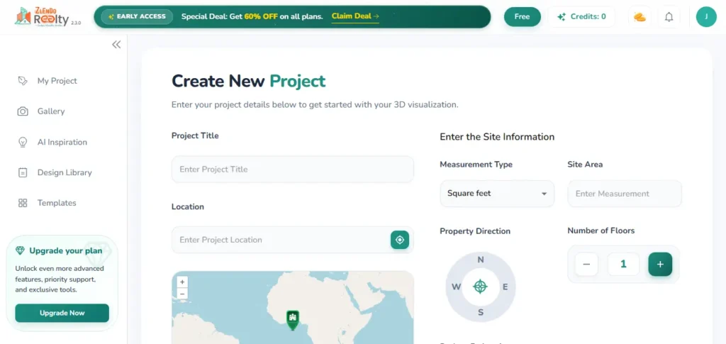 Zlendo Realty Editor 2.3.0 create new project dashboard with fields for project title, location, site area, measurement type, property direction, and number of floors