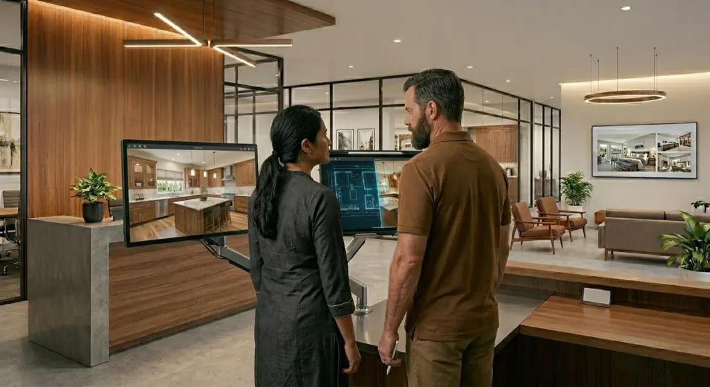 Designer and client reviewing 3D kitchen render and blueprint on screen using home remodeling software 2026