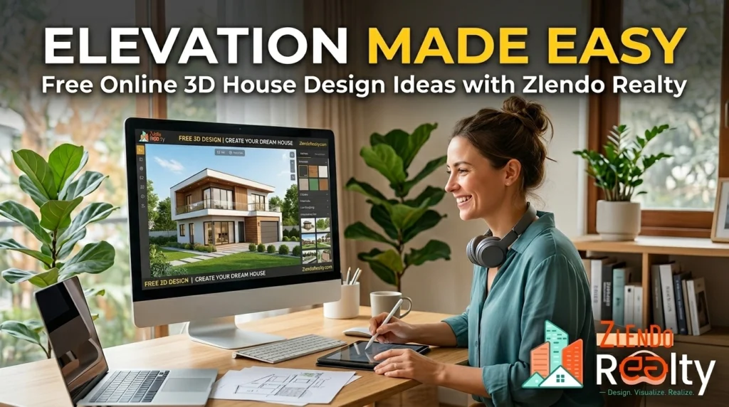 Woman using free online 3D house elevation design software by Zlendo Realty to visualize her dream home