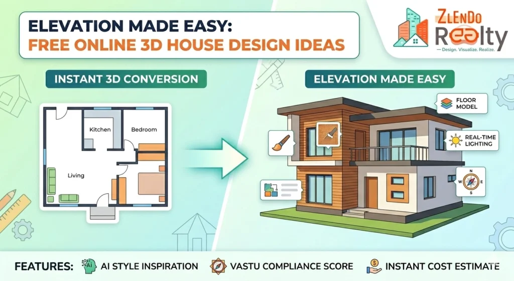 Free online 3D house elevation design tool by Zlendo Realty – instant floor plan to 3D conversion