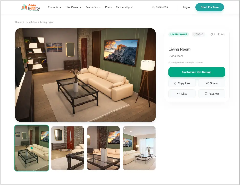 Nordic-style living room home design template on Zlendo Realty platform