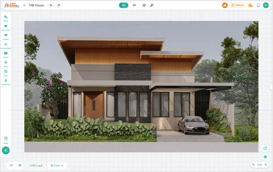 Zlendo Realty Editor 2.3.0 realistic 3D exterior render of MB House featuring a modern two-storey design with wooden facade, lush landscaping, and carport
