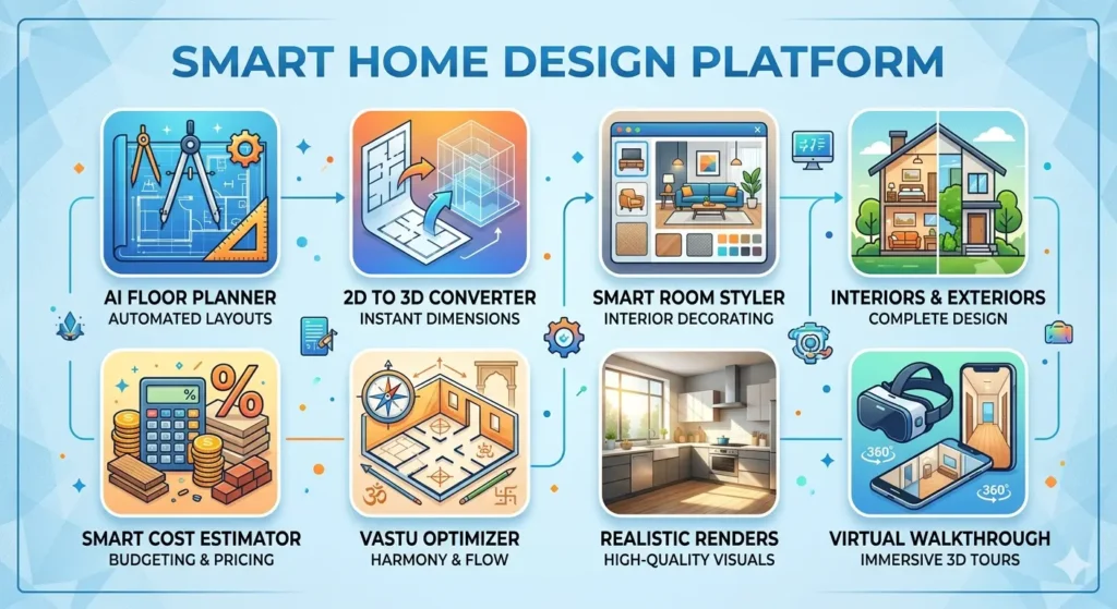 Smart home design platform features including AI floor planner 2D to 3D converter virtual walkthrough and cost estimator for home remodeling software 2026