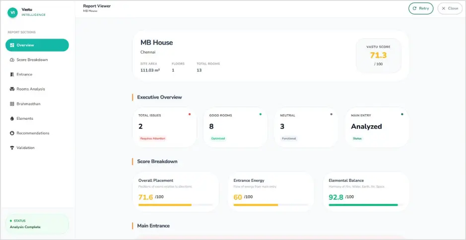 Zlendo Realty Editor 2.3.0 Vastu Intelligence Report for MB House Chennai showing a Vastu score of 71.3 out of 100 with score breakdown for overall placement, entrance energy, and elemental balance