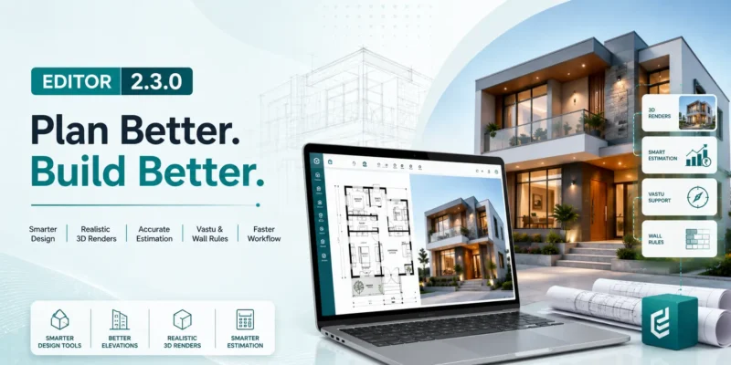Zlendo Realty Editor 2.3.0 advanced upgrade overview featuring 2D to 3D plan converter, smart design AI selection, Vastu rules, budgeting estimation models, and better elevations