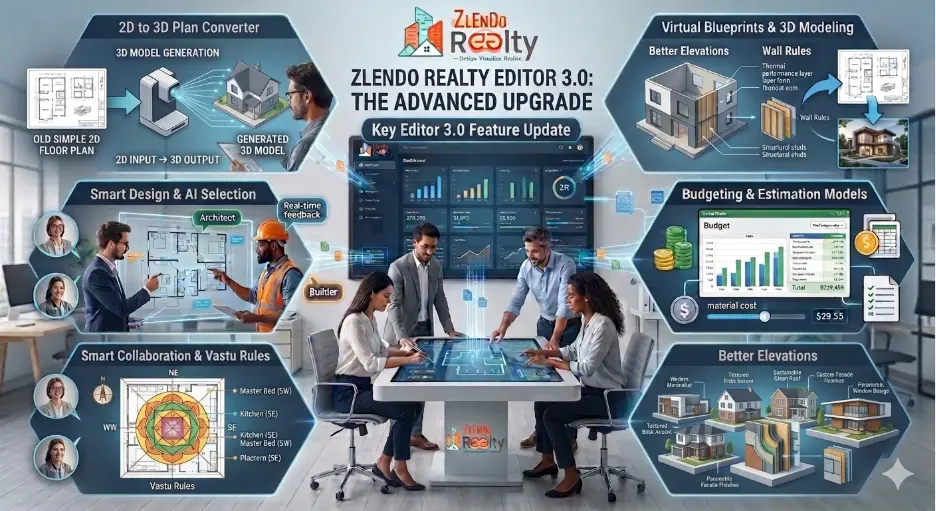 Zlendo Realty Editor 2.3.0 advanced upgrade features overview including 2D to 3D plan conversion, AI design selection, Vastu rules, budgeting models, and virtual blueprints