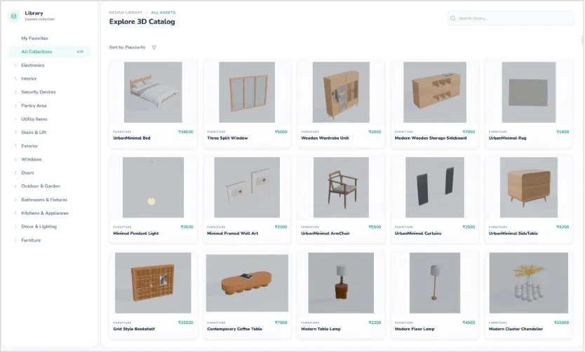 3D design library catalog with furniture assets including beds, wardrobes, lighting, and décor for interior design software