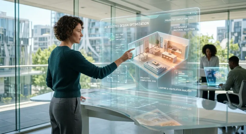 Designer using AI-assisted home design optimization software with 3D floor plan visualization and real-time energy simulation