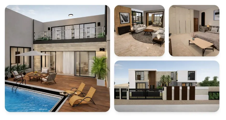 AI home design software showing 3D visualization of modern villa with pool, living room, bedroom, and exterior renders