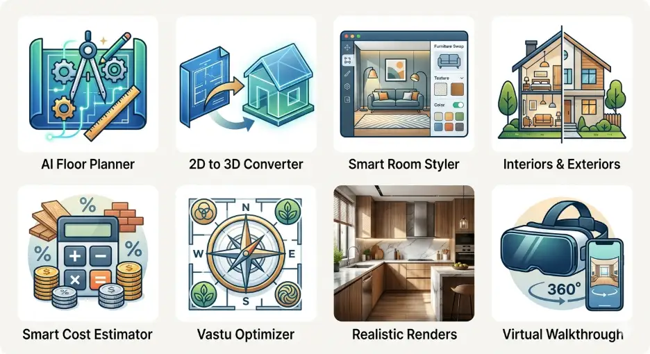 AI home design software features including AI floor planner, 2D to 3D converter, smart room styler, cost estimator, Vastu optimizer, realistic renders, and virtual walkthrough