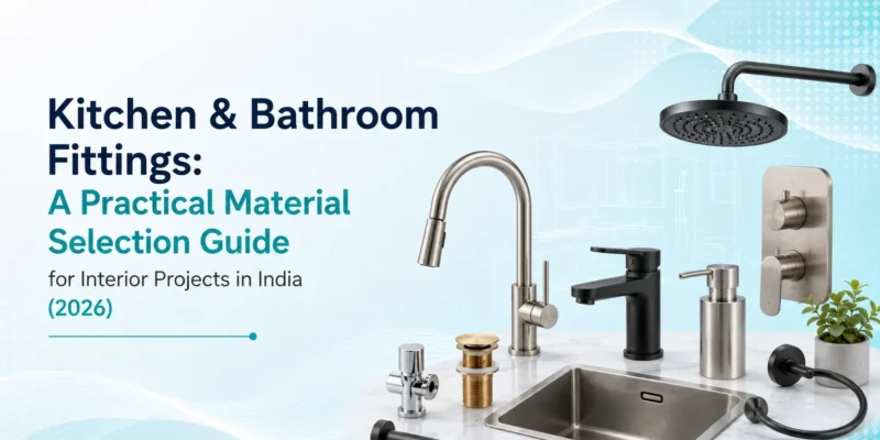 Kitchen and bathroom fittings material selection guide for interior projects in India 2026 showing brass faucets, stainless steel sink, shower fittings and matte black accessories