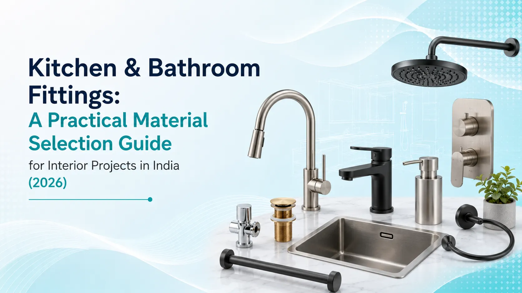 Kitchen and bathroom fittings material selection guide for interior projects in India 2026 showing brass faucets, stainless steel sink, shower fittings and matte black accessories