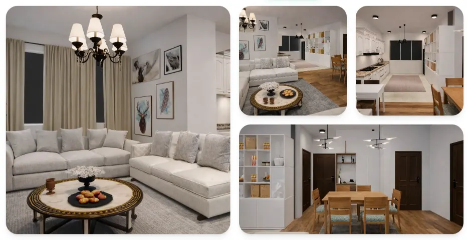 Modern home interior 3D design showing living room, open kitchen and dining area for residential interior projects in India
