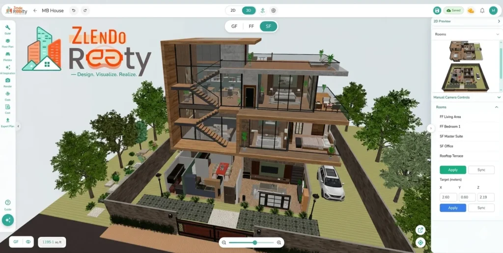 Multi floor house design tool showing 3D visualization in Zlendo Realty