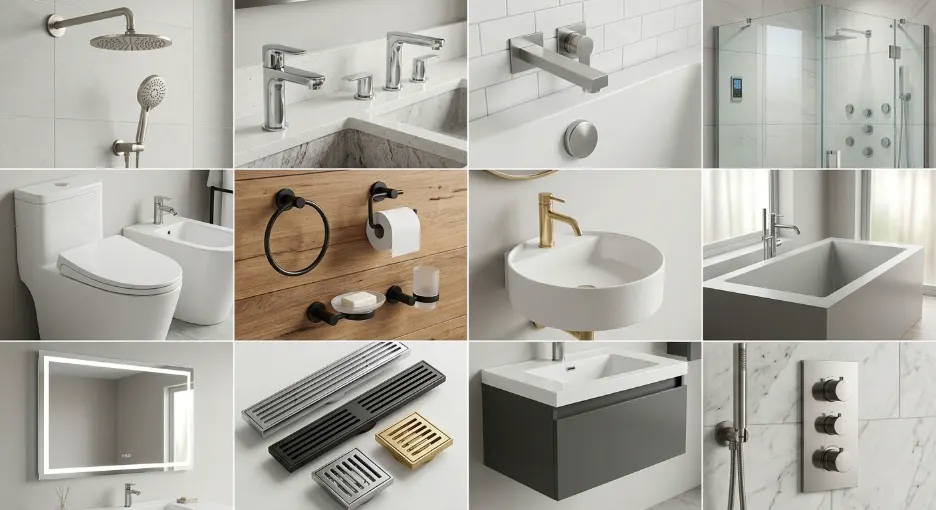 Kitchen and bathroom fittings mood board showing brass faucets, chrome basin mixers, matte black shower, stainless steel sink and modern accessories for Indian homes