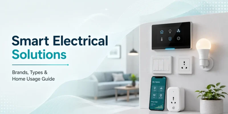 Smart electrical solutions guide showing smart switches, smart plug, mobile app control panel and LED bulb for home automation