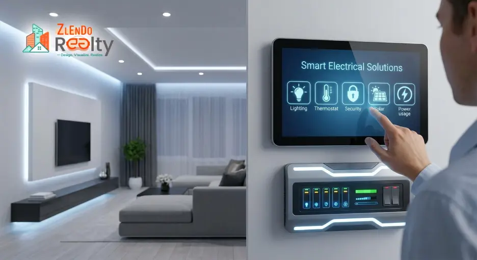 Smart electrical solutions control panel displaying lighting, thermostat, security and power usage options in a modern living room – Zlendo Realty