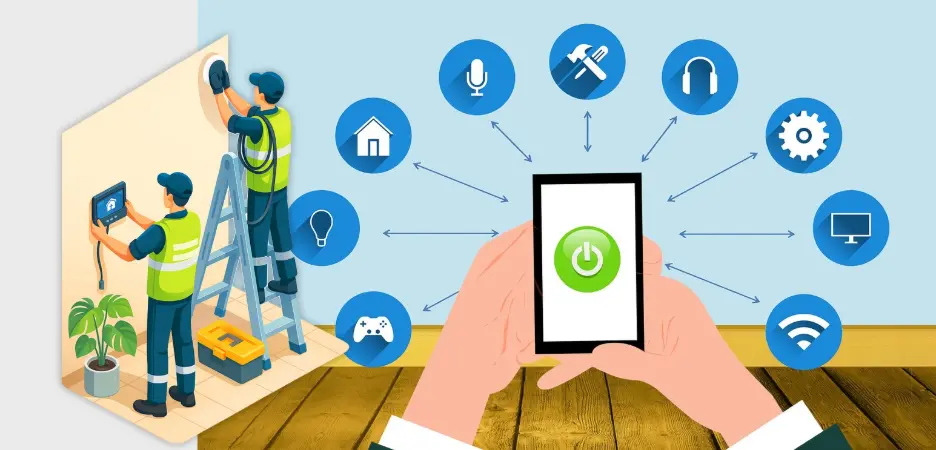 Technicians installing smart electrical solutions while a hand controls connected home devices like lights, Wi-Fi and security through a mobile app